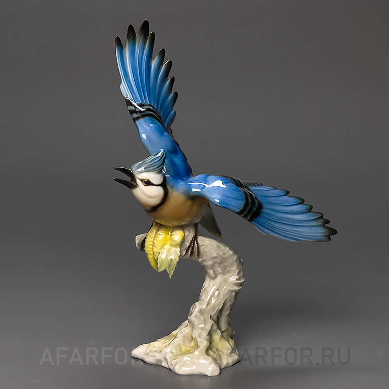 Коллекционная статуэтка «Голубая сойка» Hutschenreuther (арт. 1227-3) — фарфор, 23×18 см, Германия, 1970—1985 гг., G. Granget