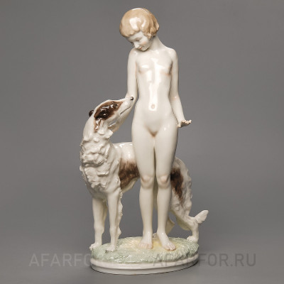 Антикварная статуэтка «Друзья. Обнажённая и борзая» Hutschenreuther — фарфор, 35 см, Германия, 1955—1968 гг. (арт. 1310-3).