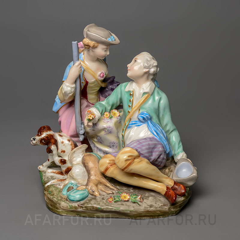 Фарфоровая статуэтка "Разговор. Охотники на привале" Meissen Германия. Изящный антикварный предмет для ценителей прекрасного.